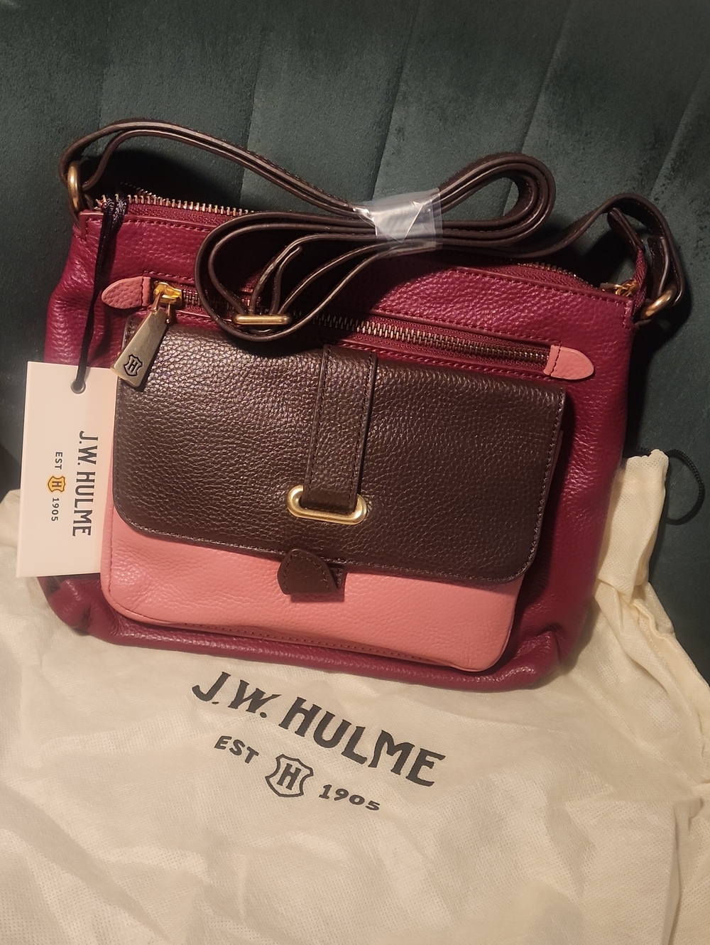 Colorblock Leather Crossbody Bag in Burgundy, Pink & Brown